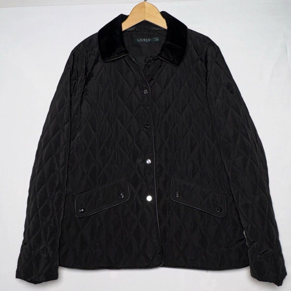 Ralph Lauren Black Quilted Coat Barn Jacket Size Large Lauren Velvet Collar